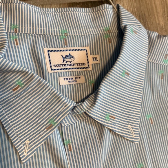 Southern Tide Men’s Trim Fit Button Down - XXL Blue & White Stripes, Palm Trees - Picture 2 of 4